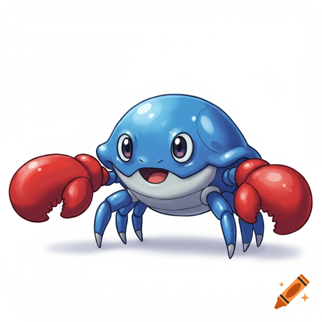 A blue cartoon crab Pokemon with red boxing gloves for claws.