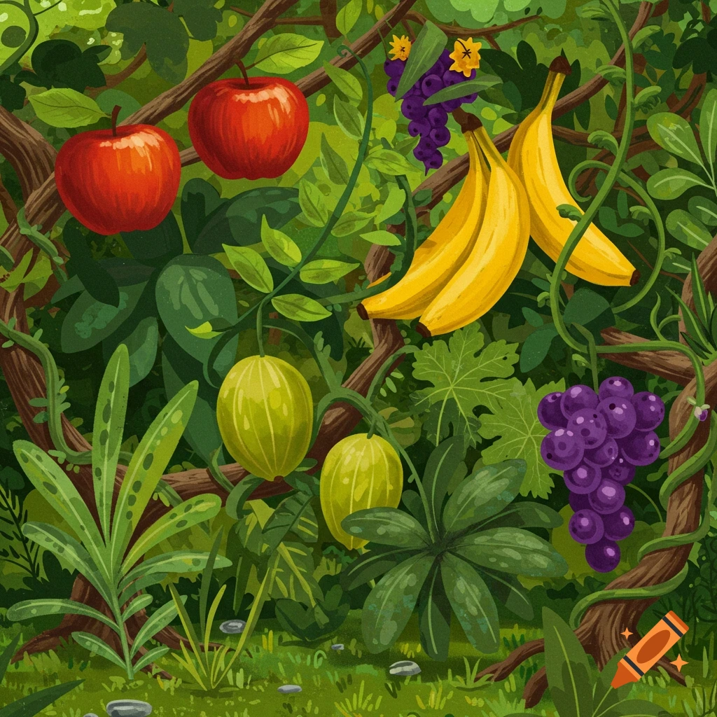 Various fruits like apples, bananas, grapes, and other plants and vines.