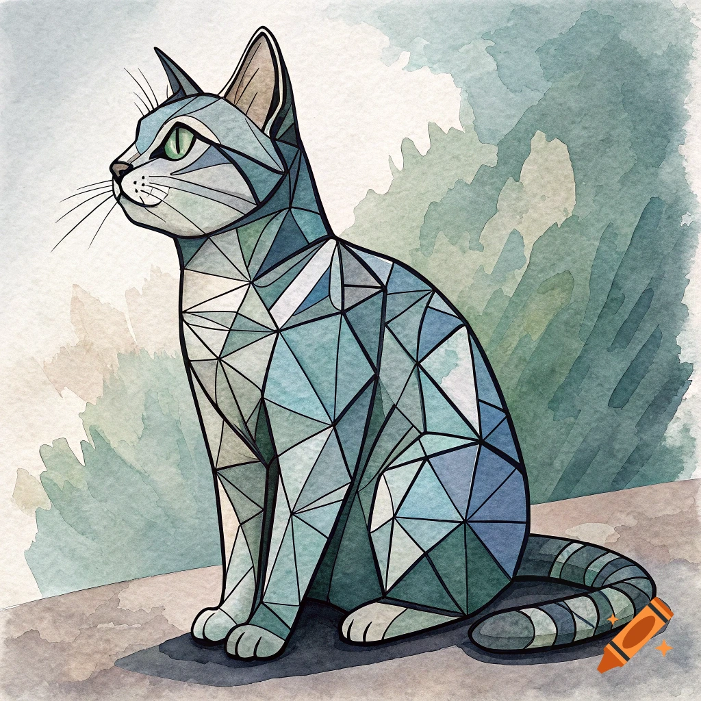 A sitting cat illustrated in a cubist style with geometric shapes in blue and grey tones, on a painted background.