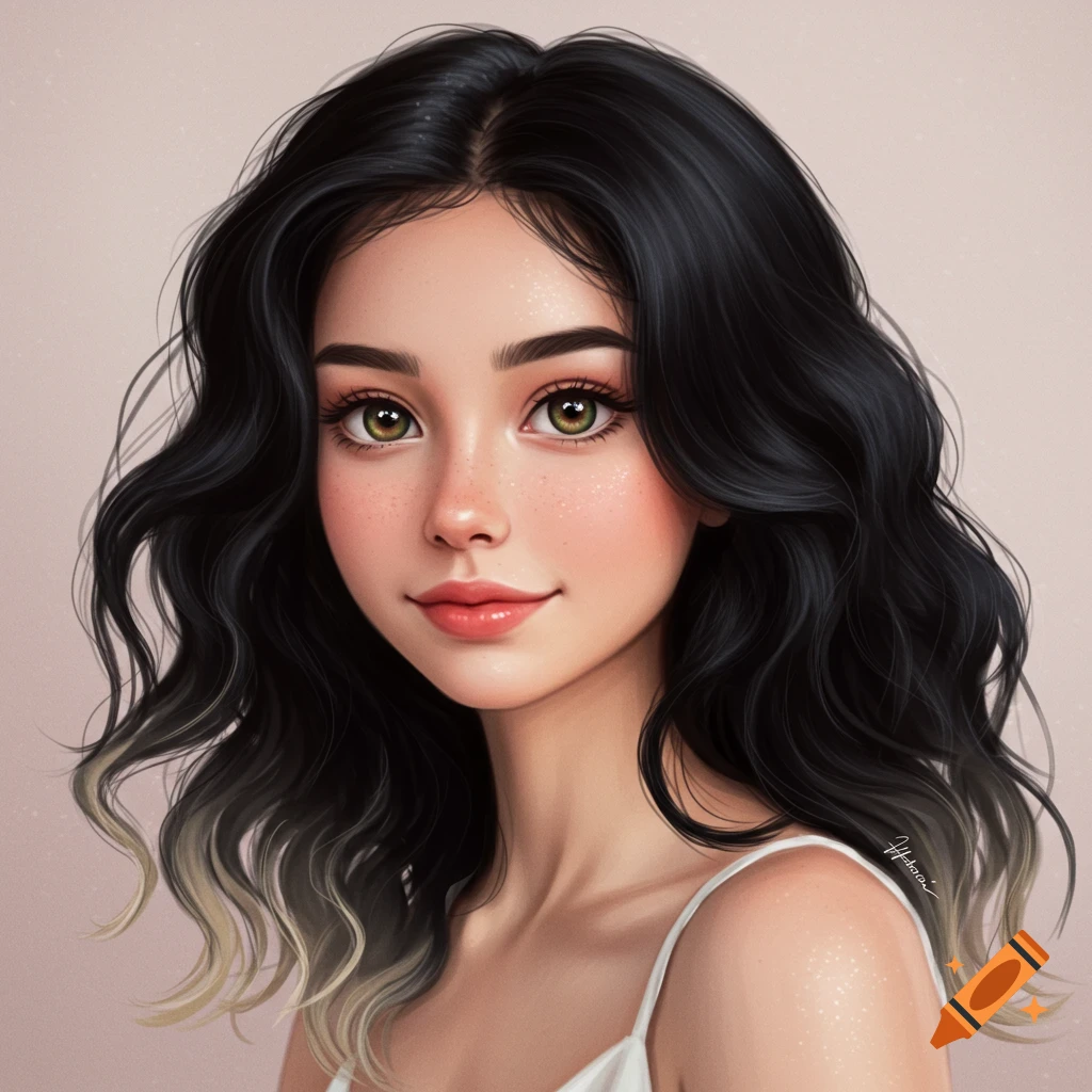 A girl with dark wavy hair and green eyes.