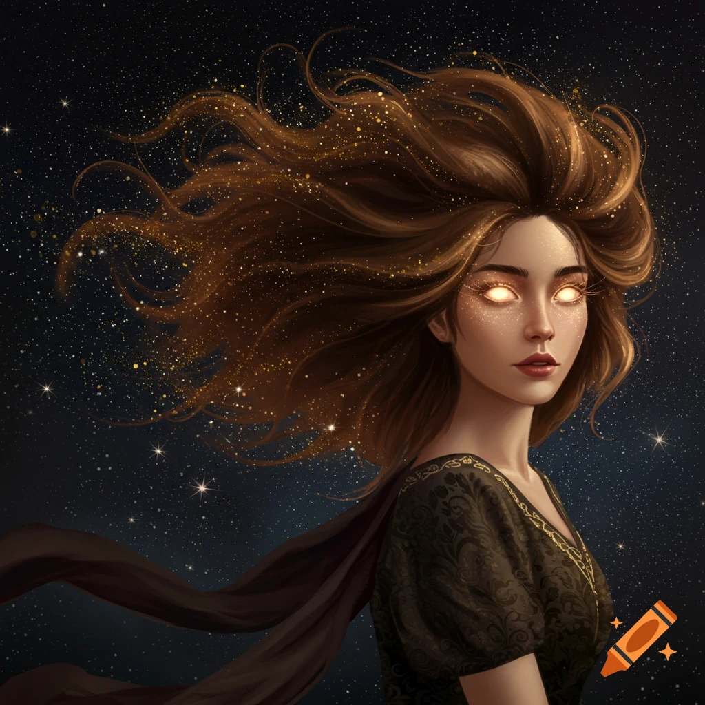 A woman with glowing eyes and sparkling brown hair against a starry background.
