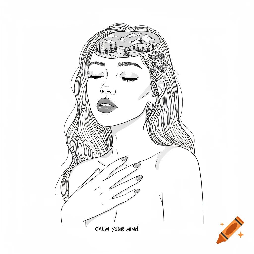 Line drawing of a woman with a serene expression, a landscape inside her head, and the text "CALM your mind" below.