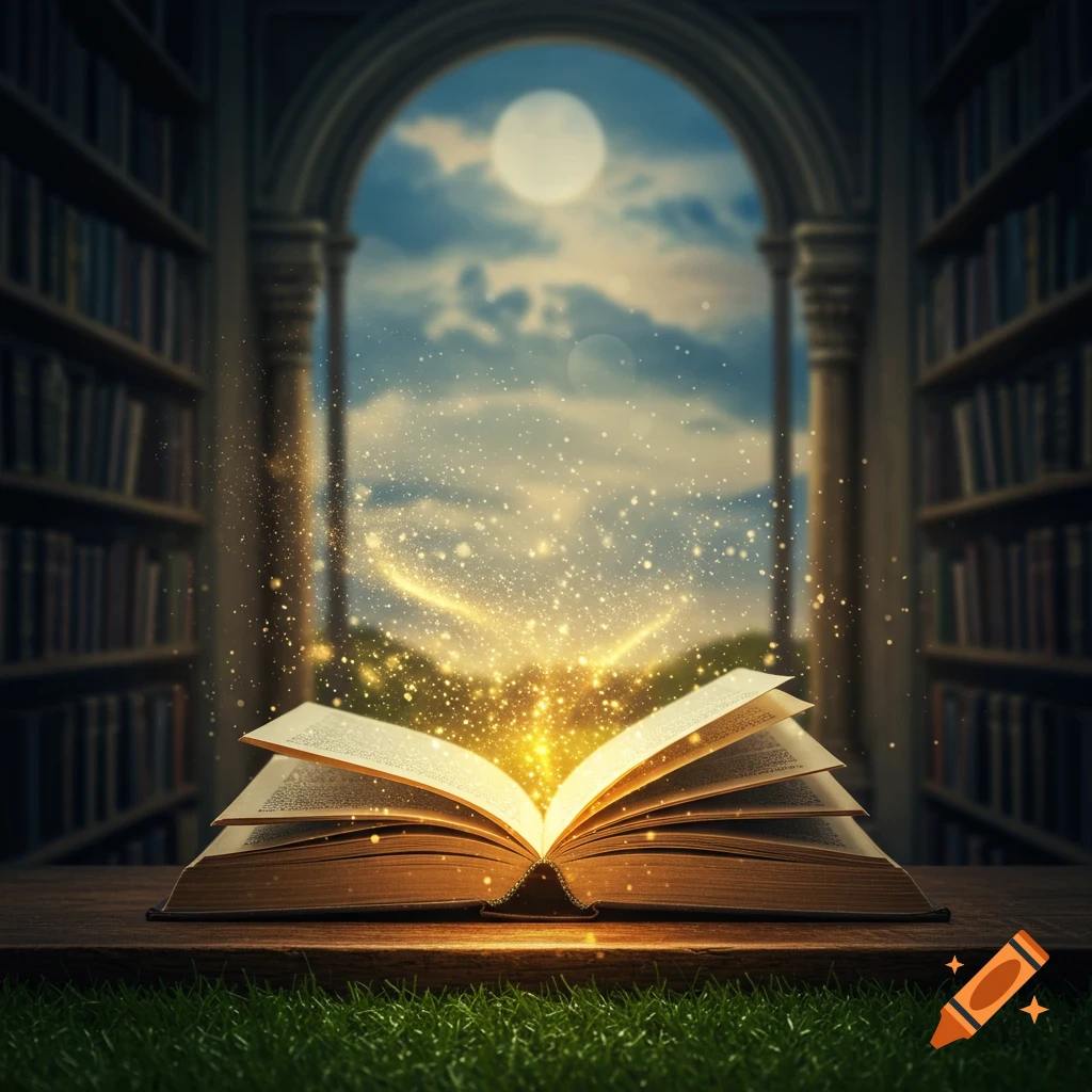 An open book glows with magical light on a table in a library, with a view of the moon and sky.
