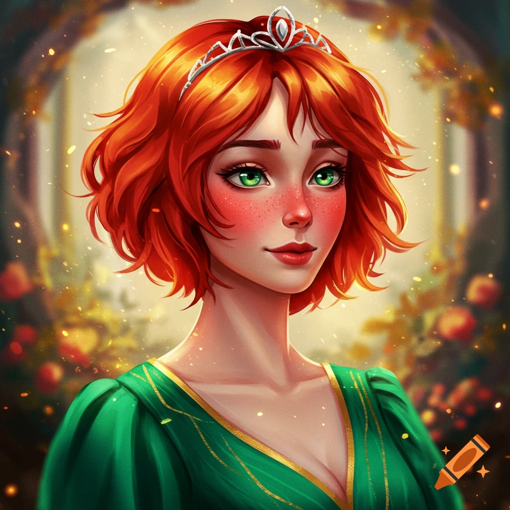 A princess with short red hair, green eyes, and a tiara.
