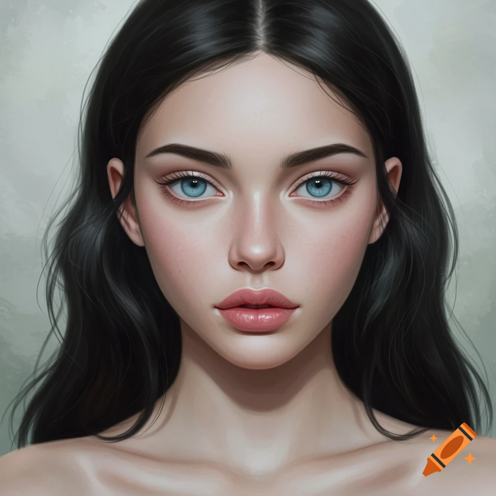 Portrait of a young woman with blue eyes and dark hair.