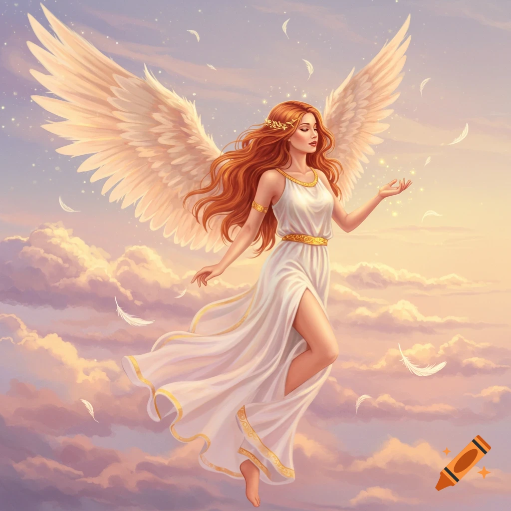 A woman angel with red hair and white wings floats in a cloudy sky