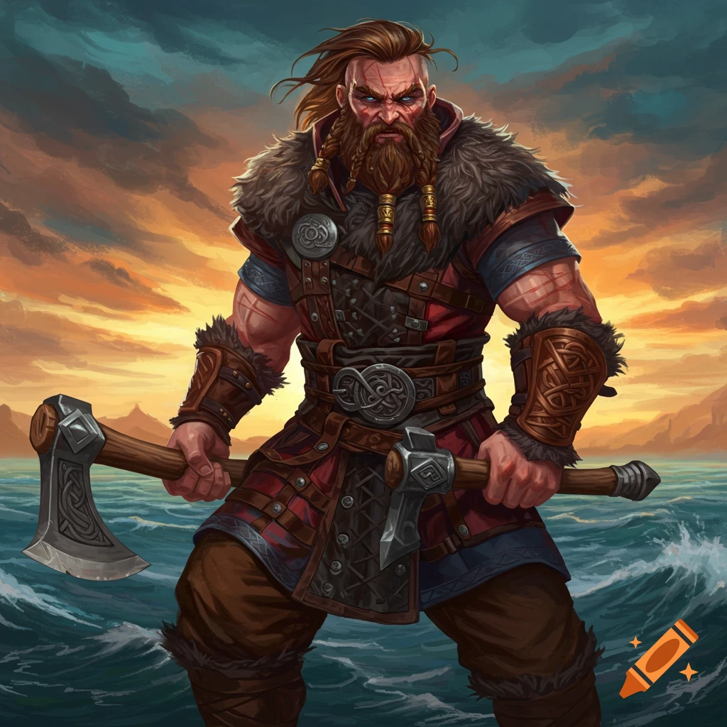 A muscular Viking in fur armor holds an axe by the sea at sunset.