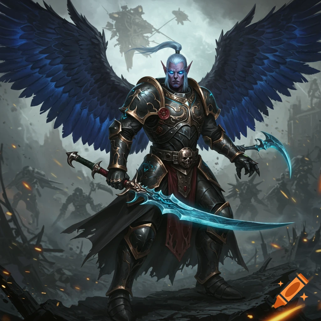 Winged elf warrior in fantasy armor with glowing weapons in a battle scene