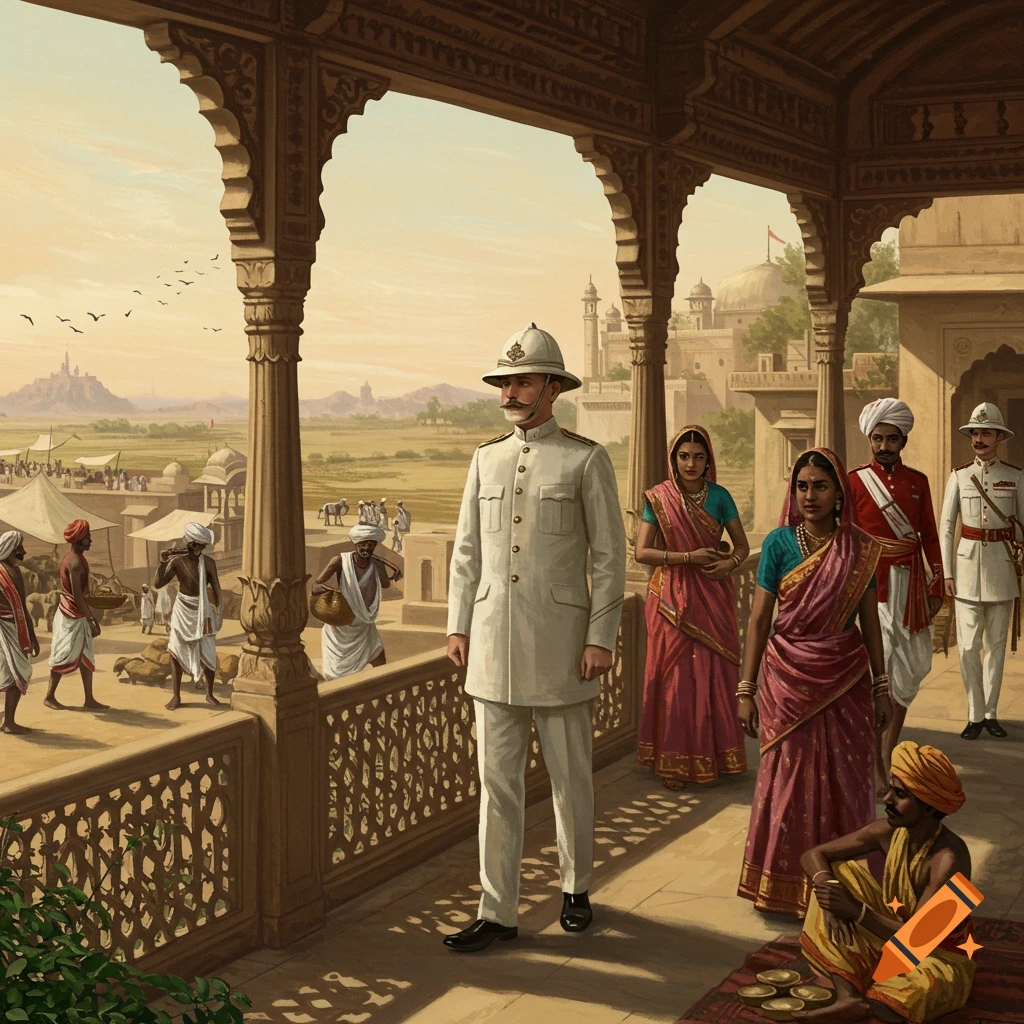 British and Indian people on a veranda overlooking a market scene.