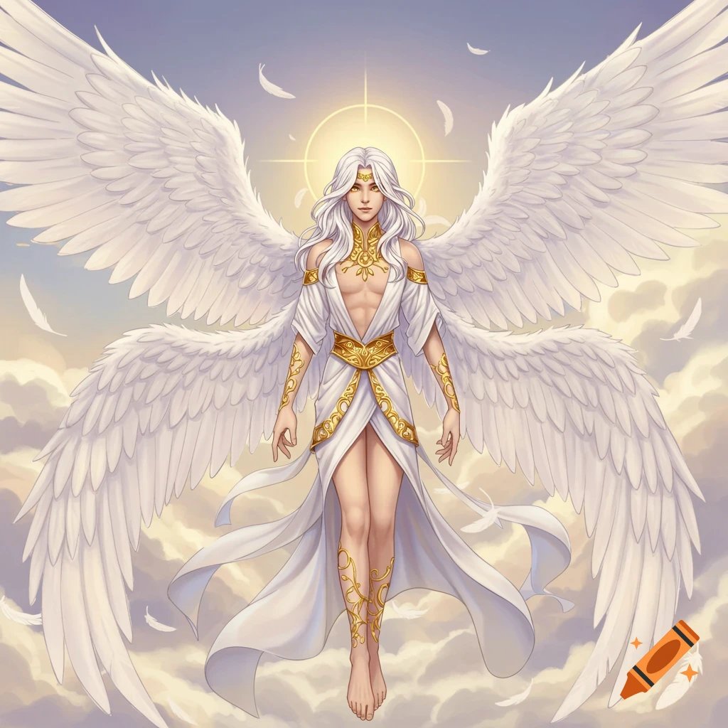 Anime illustration of an angelic figure with white hair and large wings floating in the sky amidst clouds.