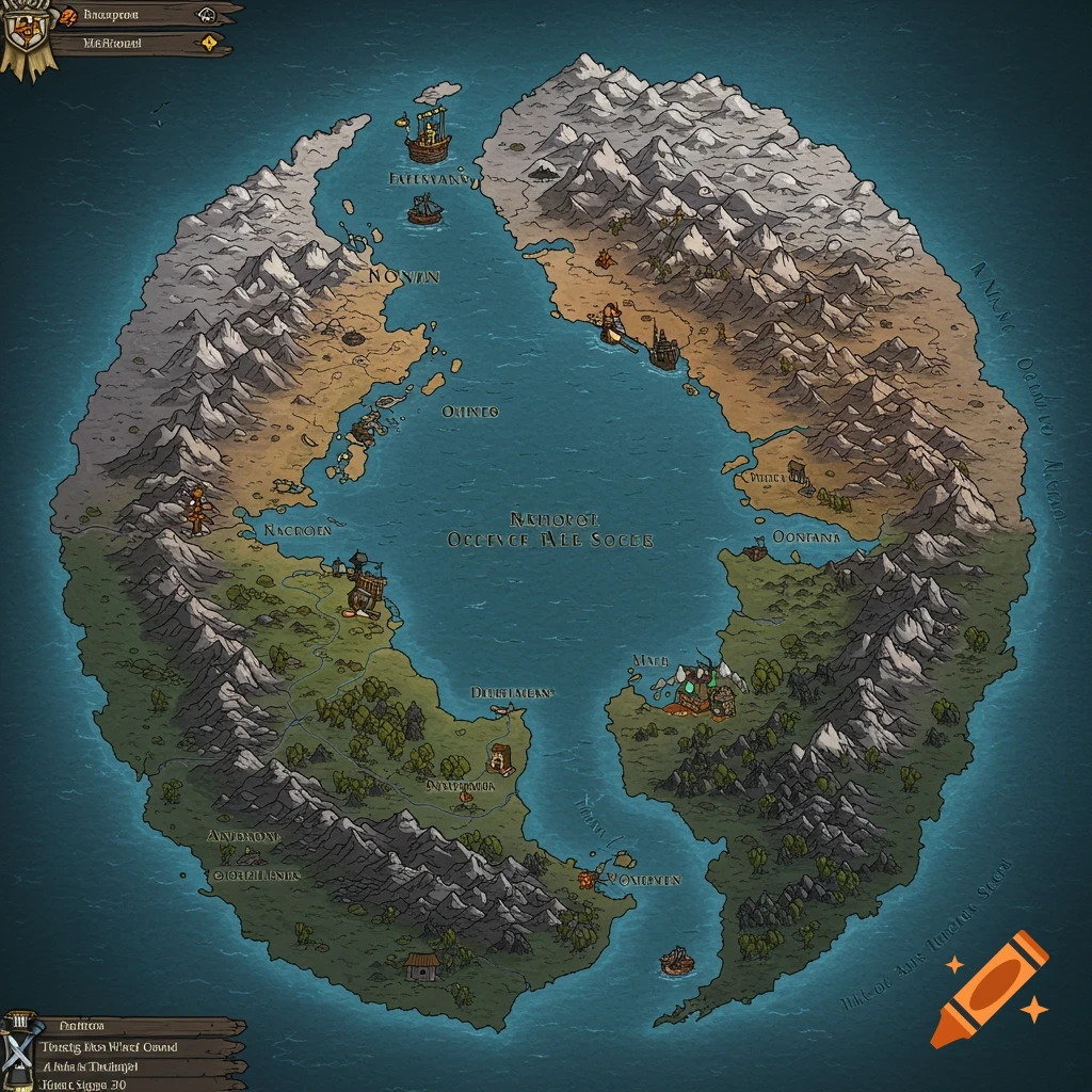 A top-down fantasy map of a toroidal world with mountains, ocean, and named regions in a hand-drawn style.