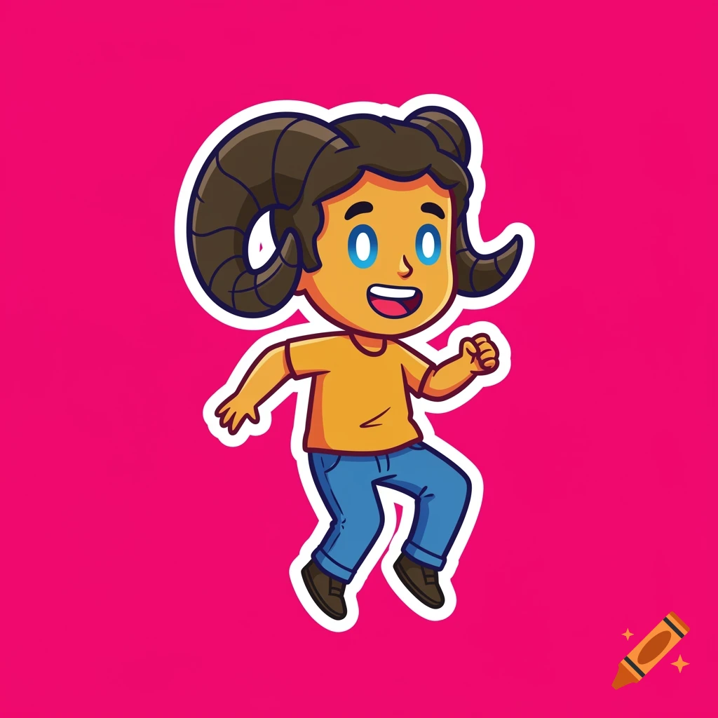 A cheerful cartoon character with ram horns, a yellow shirt, and blue jeans, in a clip art style on a pink background.