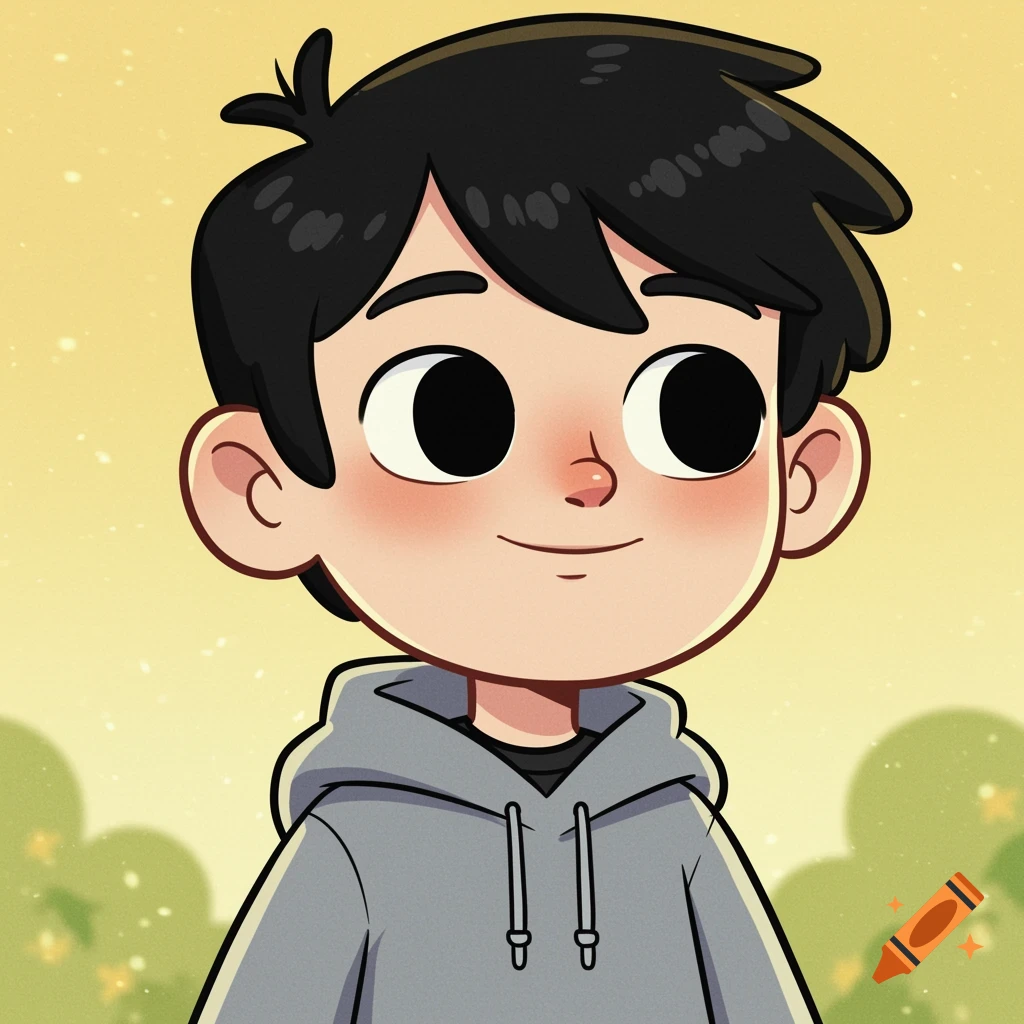 A cartoon portrait of a boy with black hair in a grey hoodie smiling against a yellow background.
