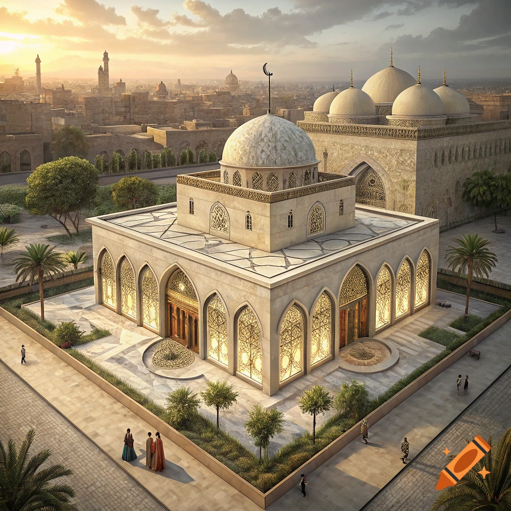 Ornate building with domes and arches in a courtyard with people and palm trees at sunset.