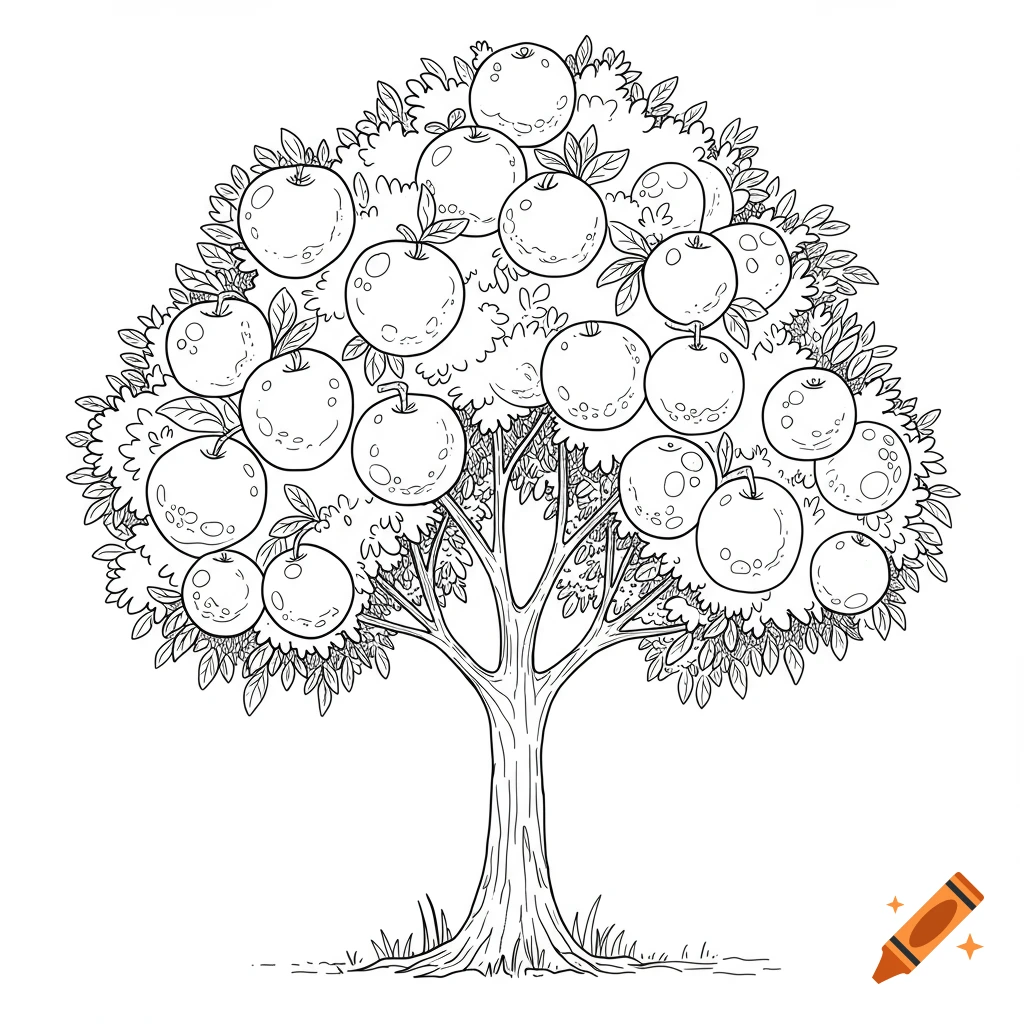 Black and white line drawing of a tree with large apples, in a simple coloring book style