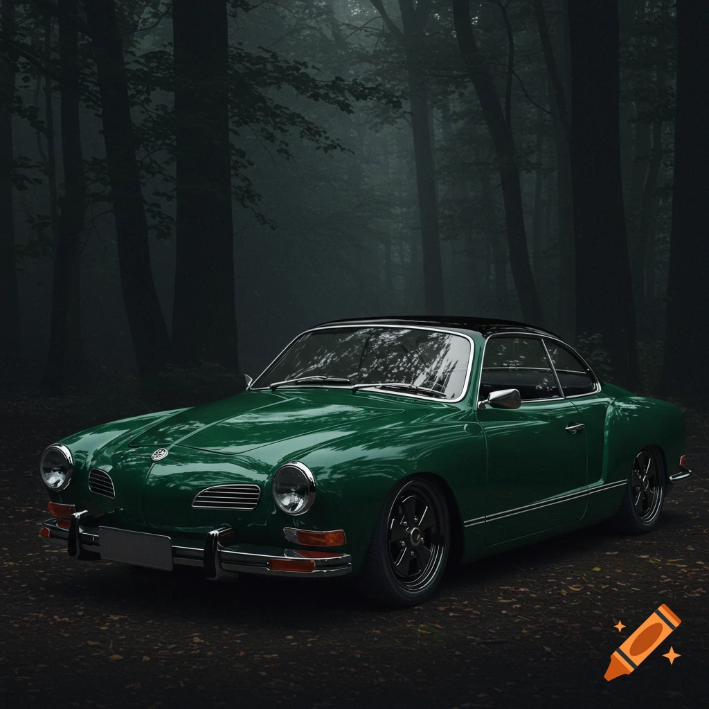 Green vintage car in a dark forest.
