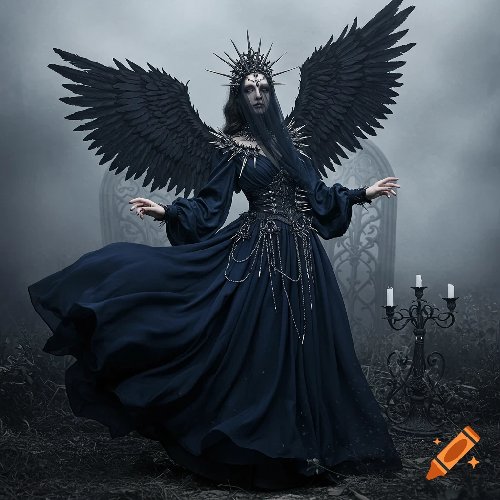 A dark angel in a gothic dress, black wings, and spiked crown poses in a misty graveyard.