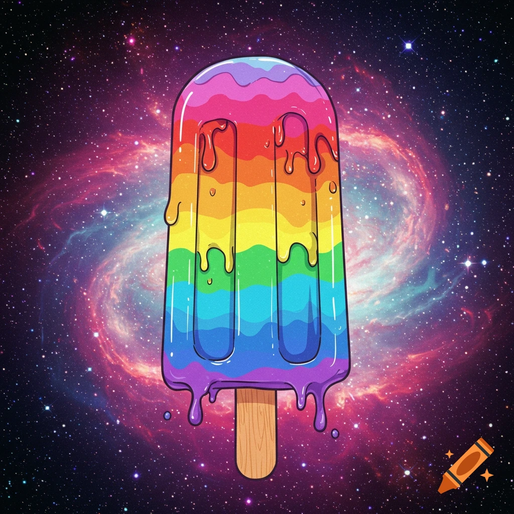 A melting rainbow popsicle against a vibrant galaxy background.