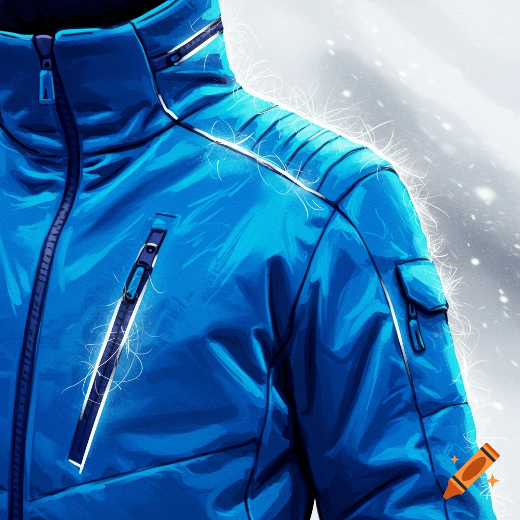 A close-up of a blue ski jacket with white glowing fiber lining the seams.