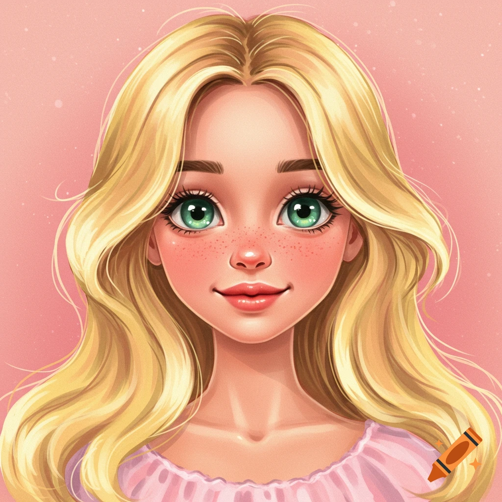 A young person with blonde hair, green eyes, and freckles against a pink background.