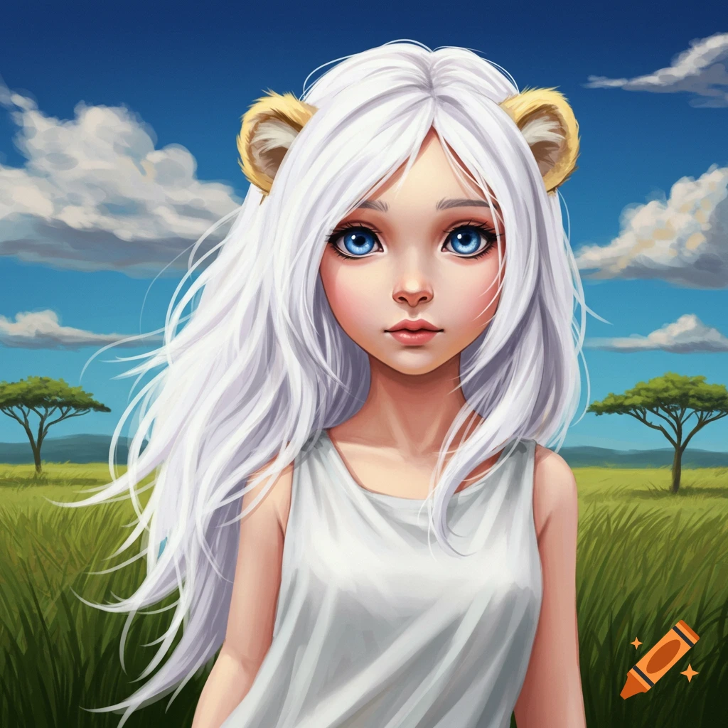 A girl with white hair and lion ears stands in a grassy field with trees under a blue sky.