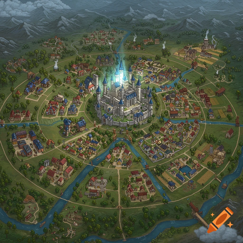 Top-down illustrated fantasy kingdom map with a castle at the center