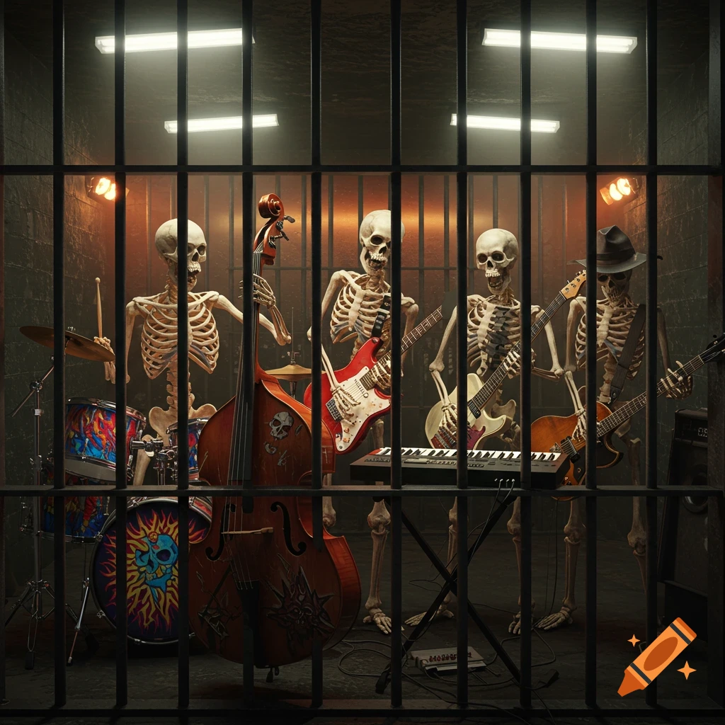 Skeletons play musical instruments including drums, guitars, bass, and keyboard inside a jail cell, viewed through the bars.