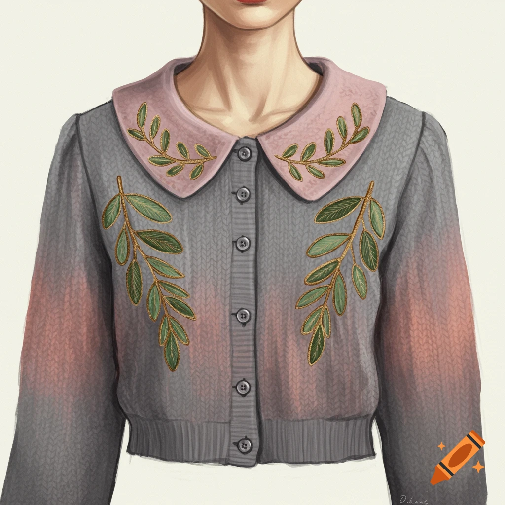 A person wearing a grey and pink cardigan with a pink Peter Pan collar and leaf embroidery.