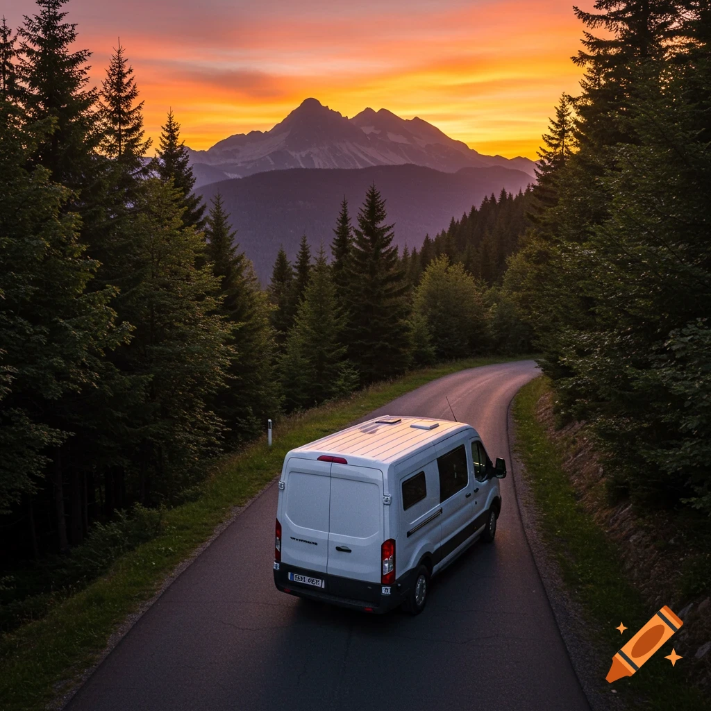 A white van drives on a winding road through a forest towards mountains at sunset.