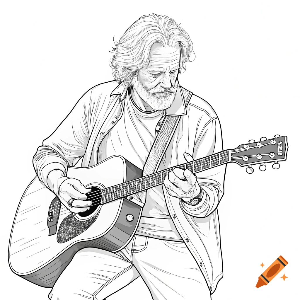 Simple line art illustration of an older man playing an acoustic guitar.
