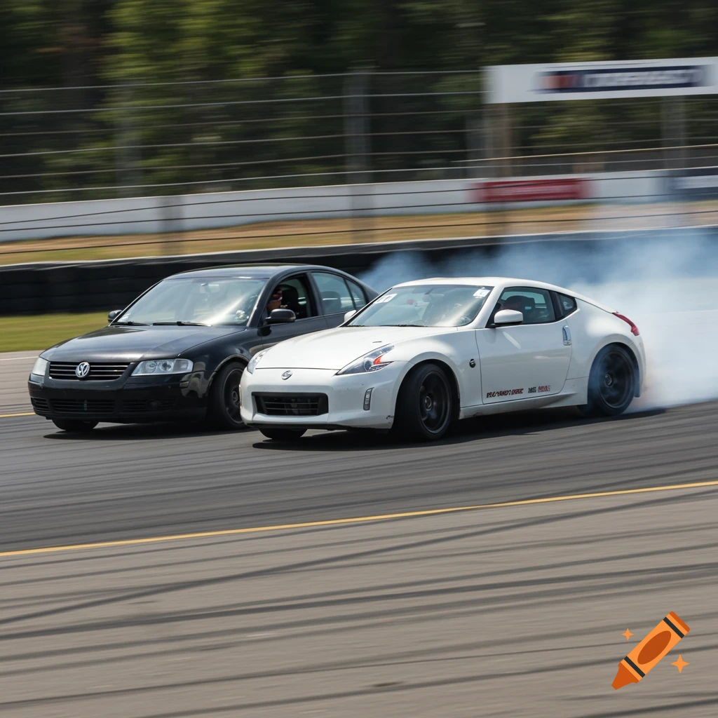 A white Nissan 370Z drifts next to a black Volkswagen Passat on a race track, smoke from tires.
