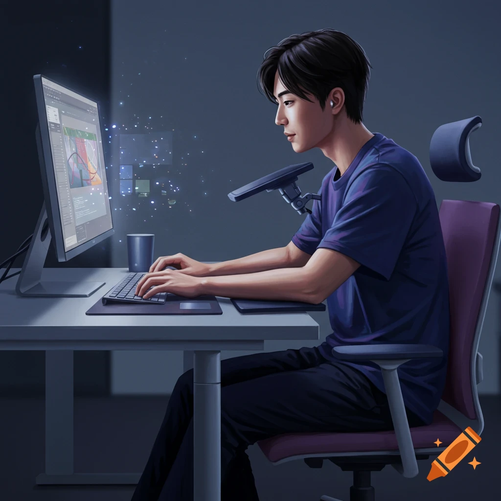 A person working at a computer with an elbow rest.