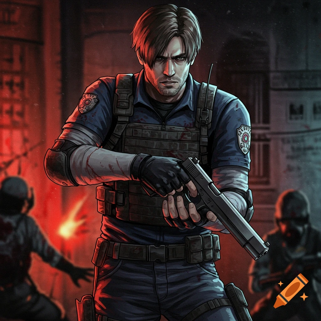 Image of Leon Kennedy from Resident Evil holding a gun in a dark, tense environment with other figures.
