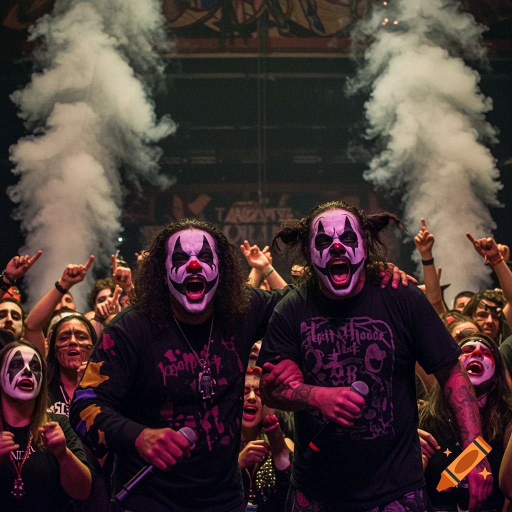 Two performers in clown makeup sing on stage surrounded by a cheering crowd and smoke.
