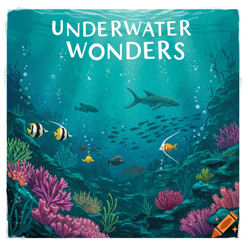 Stylized illustration of an underwater scene with colorful coral, fish, and the text "UNDERWATER WONDERS" at the top.