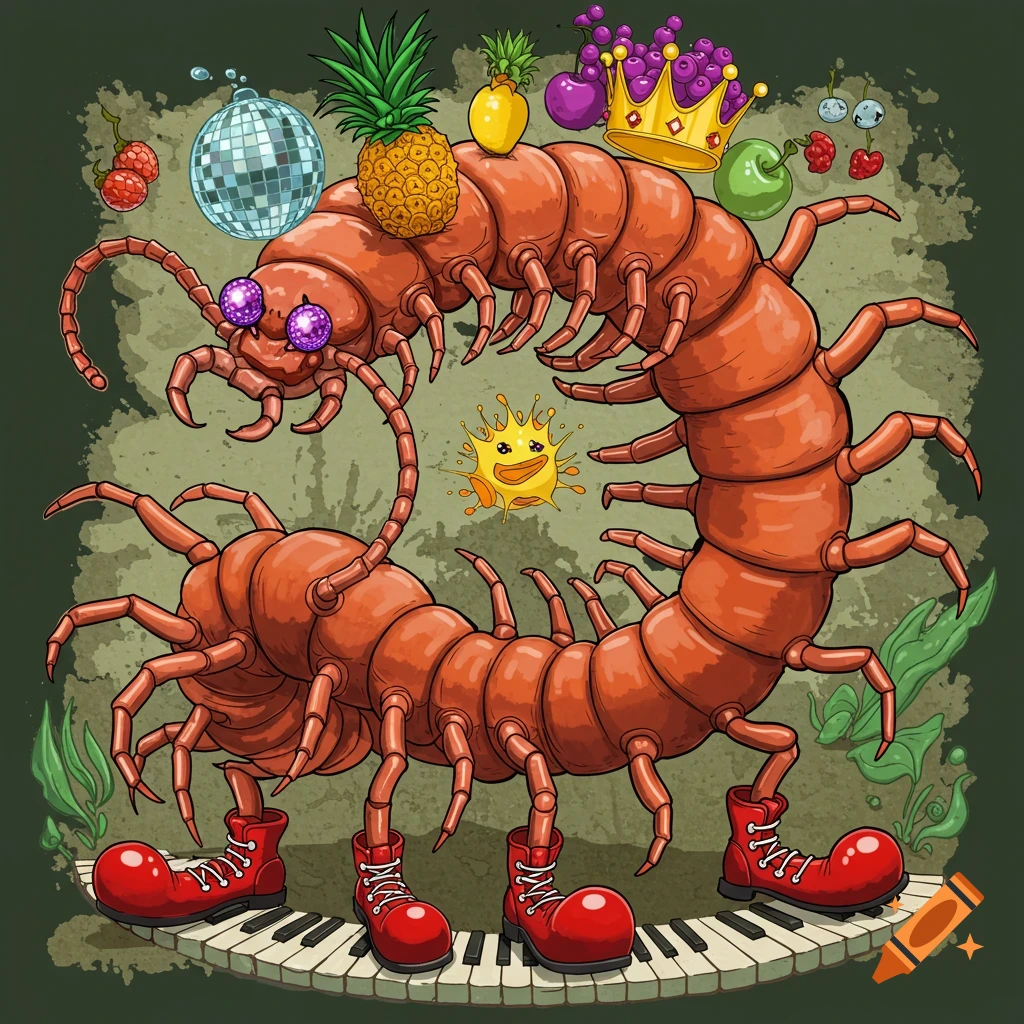 Cartoon centipede with clown shoes, disco eyes, and fruit crown on a piano keyboard with fruit, disco ball, and sun.