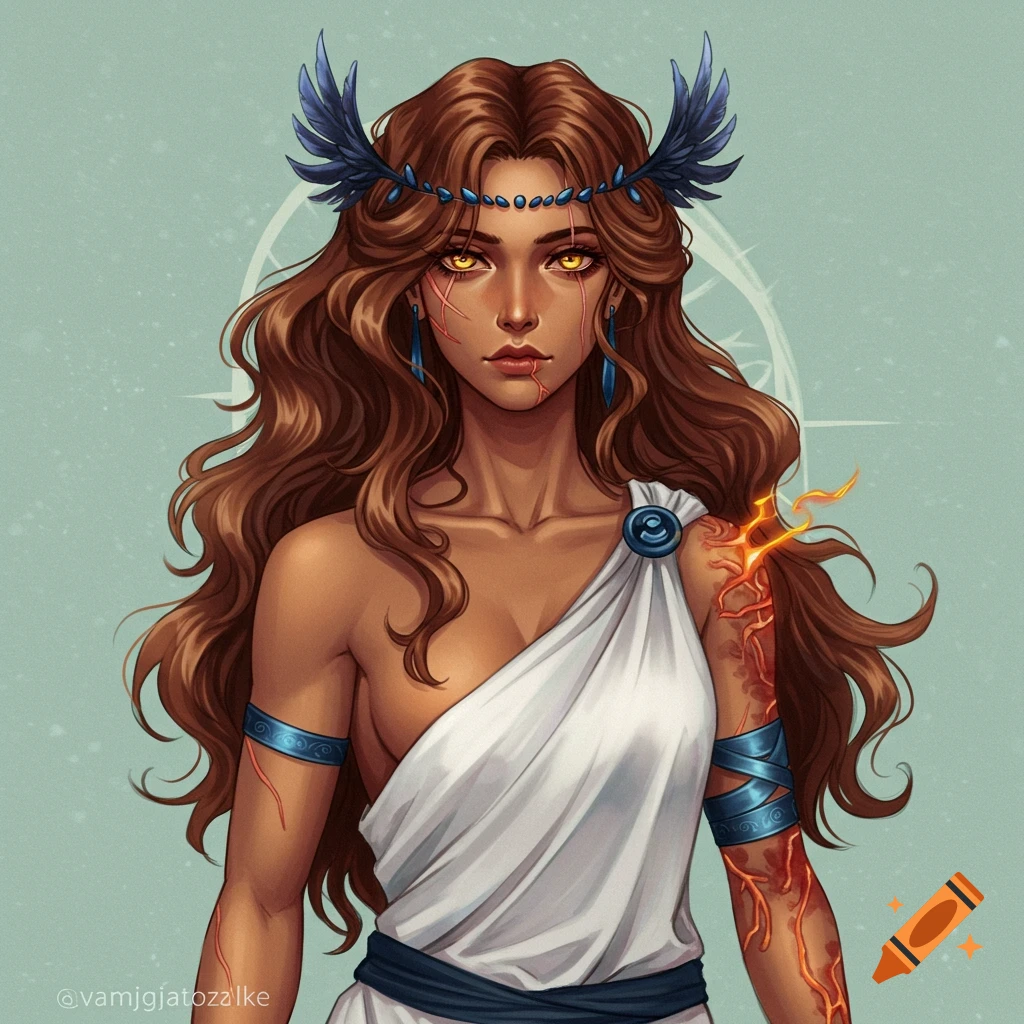 Stylized portrait of a woman with long brown hair, gold eyes, facial scars, and a burn mark on her arm, wearing a white tunic.