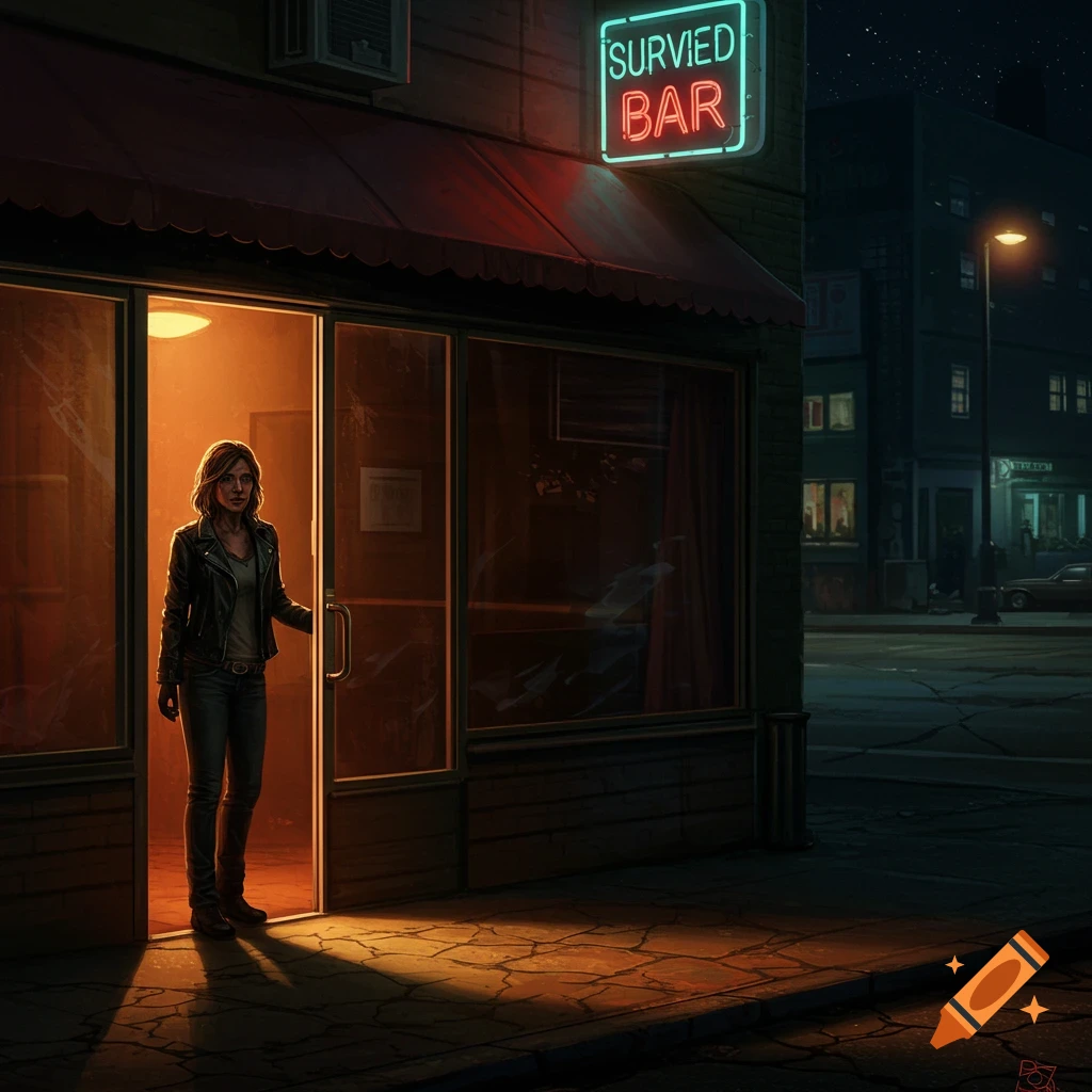 A woman stands in a bar doorway at night.