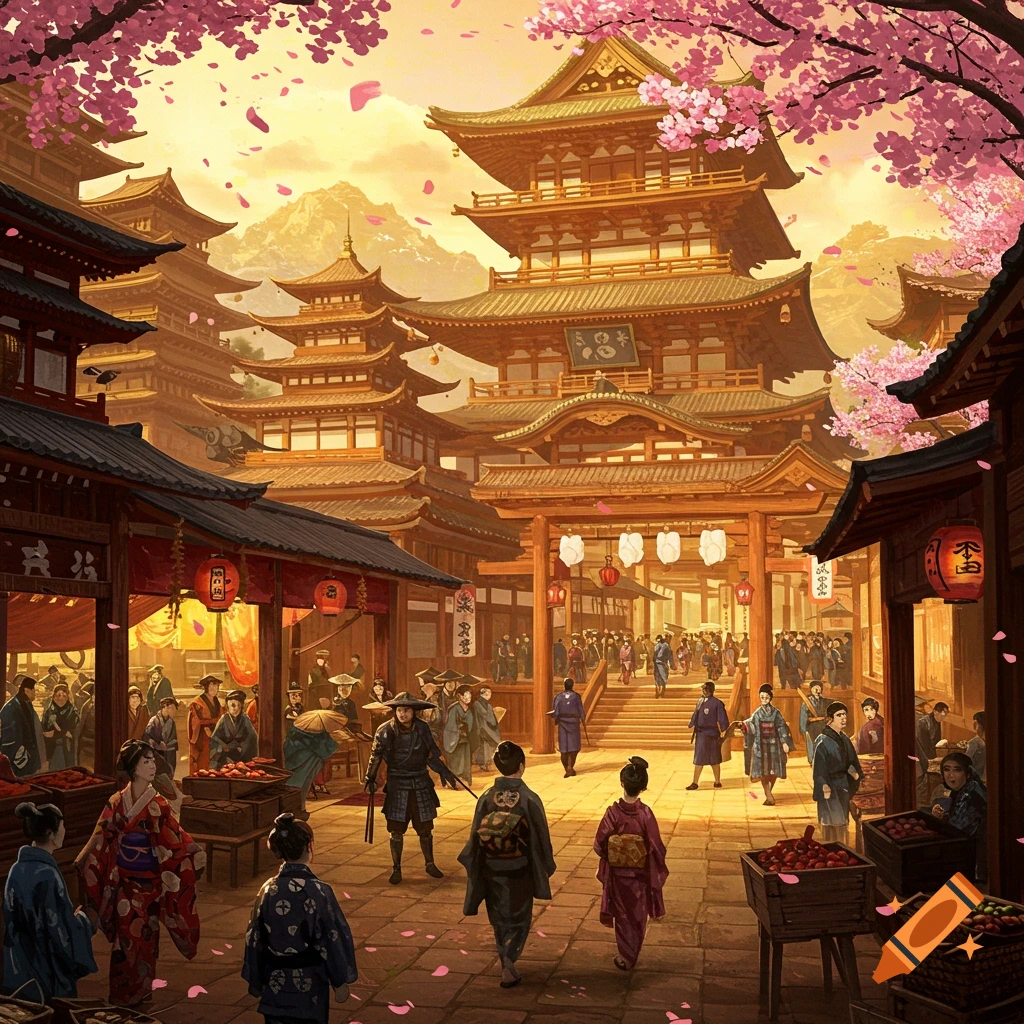 A busy street market in ancient Japan with large wooden buildings, people, and cherry blossoms.