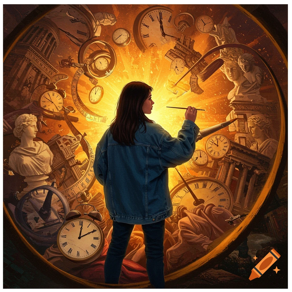 a person painting amidst a surreal composition of clocks, statues, and ancient architecture