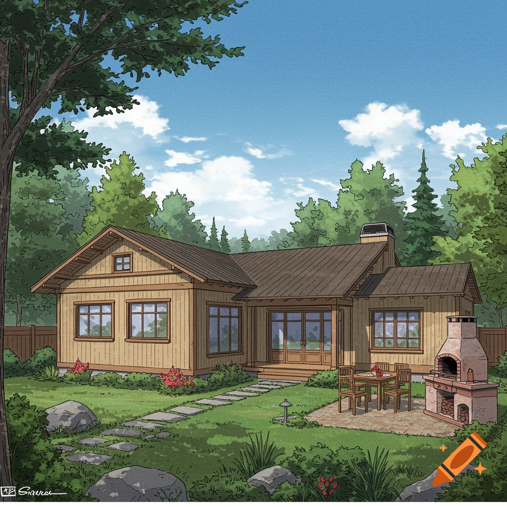 An illustration of a house with a yard, patio, and outdoor grill.