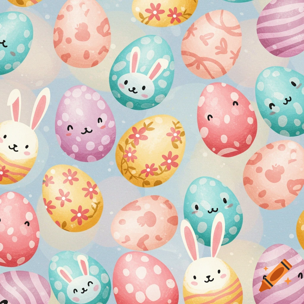 Cute pattern of watercolor Easter eggs with faces and bunnies