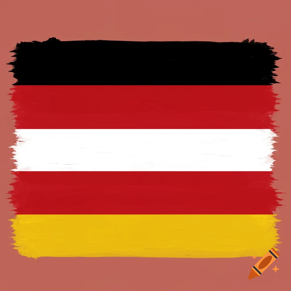 A painting of four horizontal stripes in black, red, white, and yellow, with rough edges.