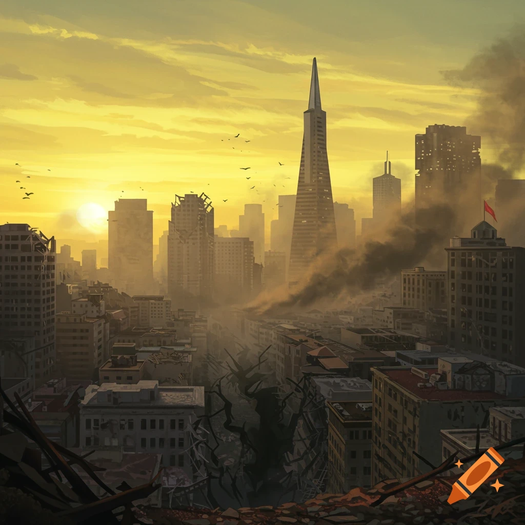 A destroyed city resembling San Francisco at sunset, with smoke, debris, and a crack in the ground.