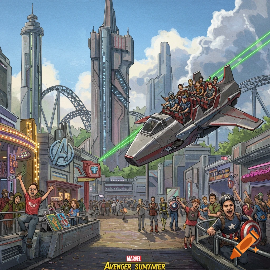 An Avengers-themed amusement park with a Quinjet roller coaster and guests.