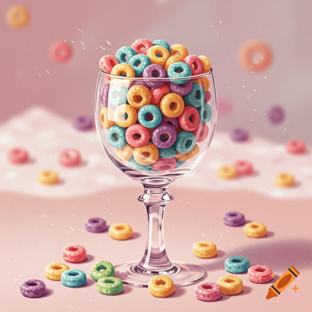 A glass goblet overflows with colorful cereal loops, which are also scattered around its base.