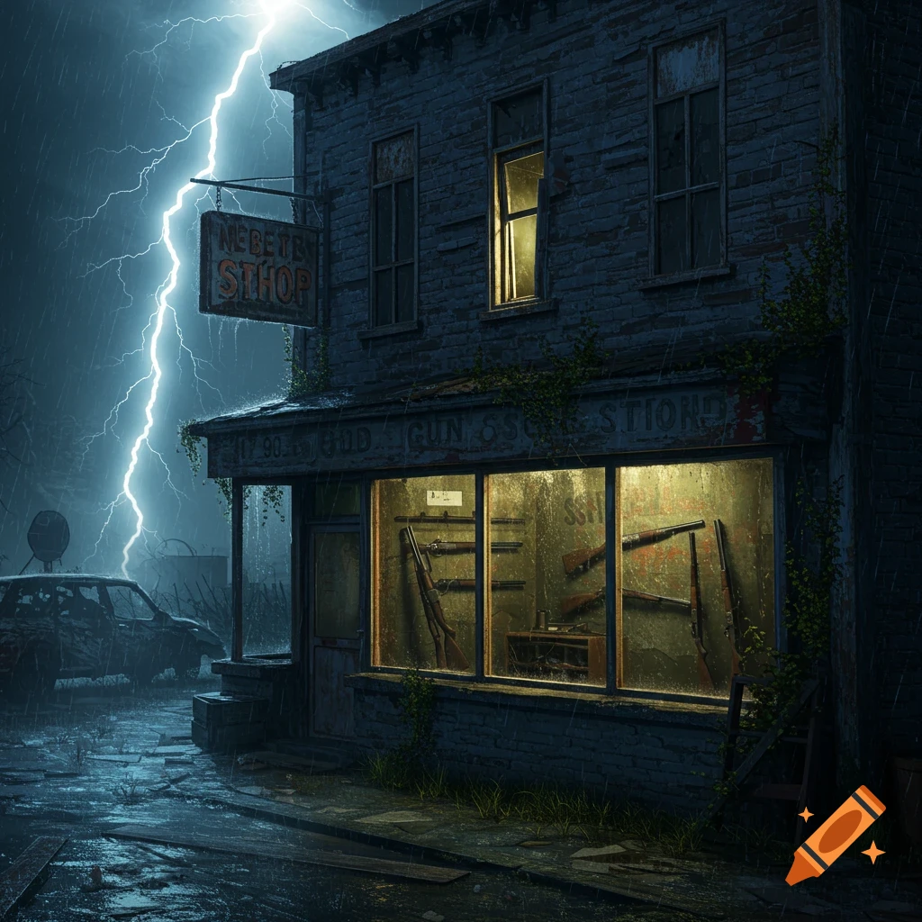 A dilapidated gun shop on a stormy night with lightning.