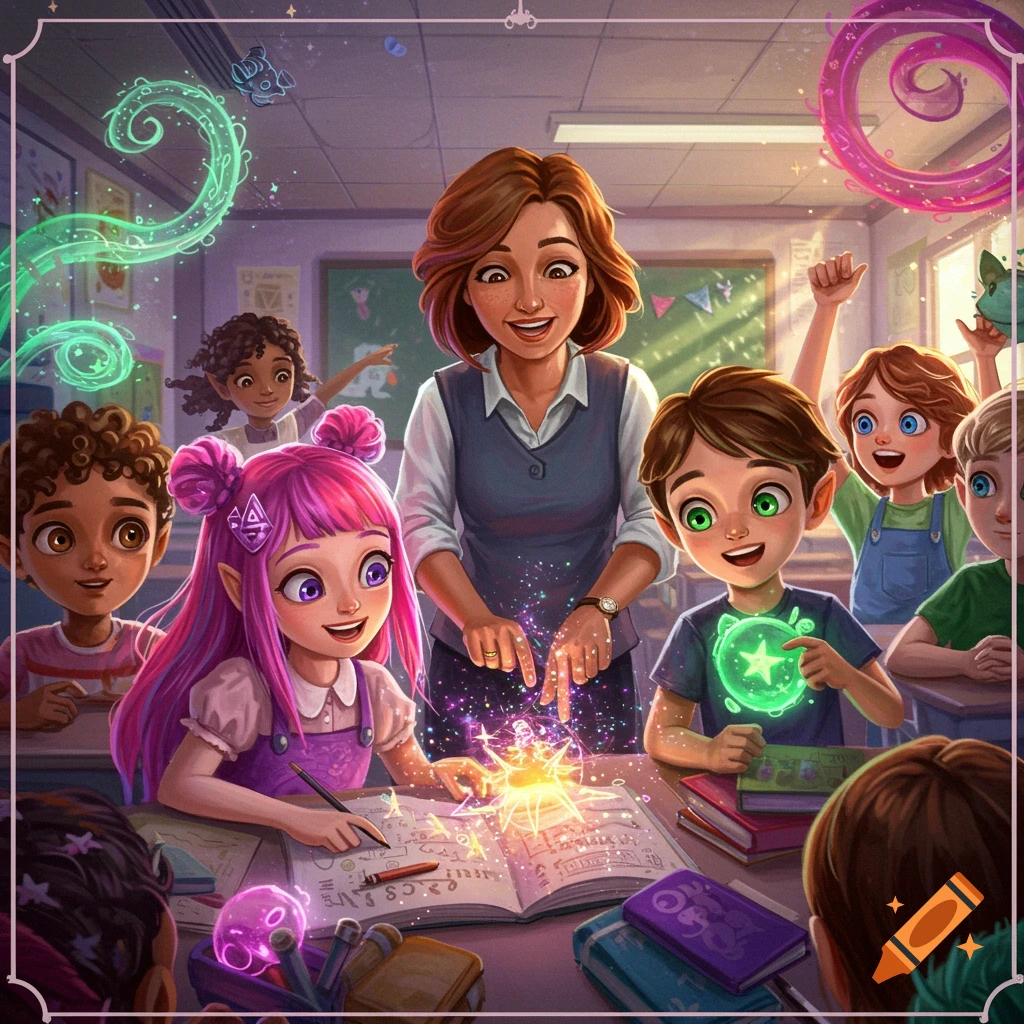 A teacher and children in a magical classroom, gathering around a glowing book with swirling lights.