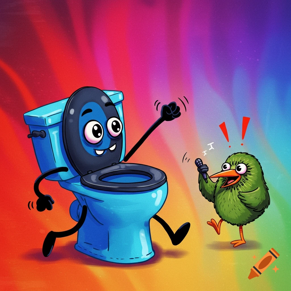 Cartoon toilet reacting to a kiwi bird singing into a microphone.