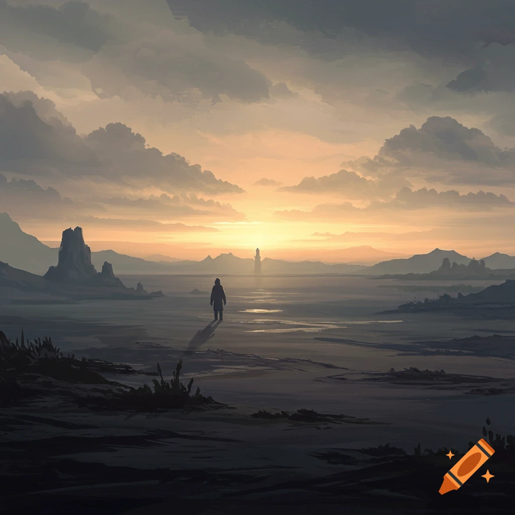 A solitary figure walks into a misty landscape at sunset.
